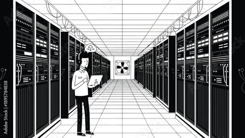 illustration of a person working in a server room managing data center equipment