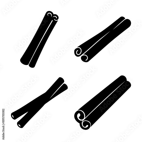 Four simple black silhouette icons of rolled cinnamon sticks on a white background