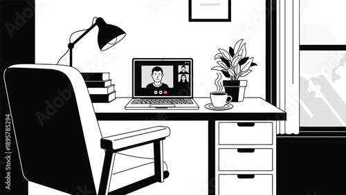 Minimalist Black and White Home Office Setup with Laptop and Plants