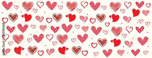 Hand drawn heart doodle pattern with sketch, striped, and textured love symbols in red tones. Romantic illustration for Valentine’s Day, wedding, wrapping paper, fabric, and love themed designs.