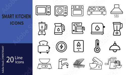 Modern smart kitchen technology and appliance icons isolated on white background