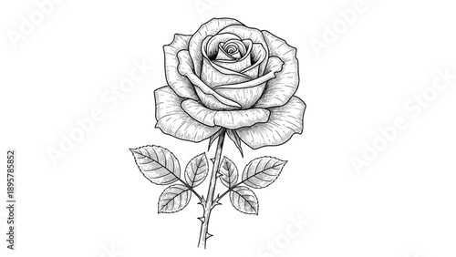 Single highly detailed rose flower with thorns and leaves on a long stem rendered in a classic black and white vintage engraving style.
