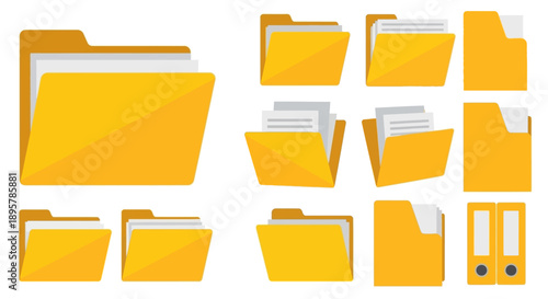Folder icons set. Yellow document folders vector