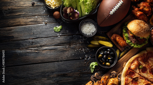 A variety of food and snacks surround a football on a wooden table