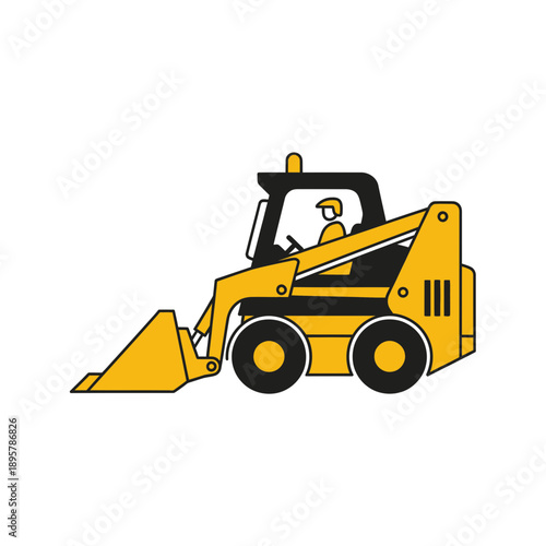 Compact Yellow Skid Steer Loader With Driver On White Background
