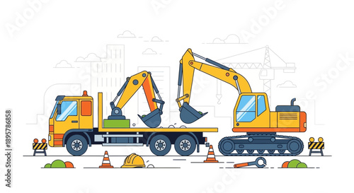 Construction Equipment And Industrial Vehicles On A White Background