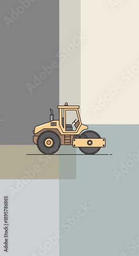 Compact Yellow Steamroller Machine Working On Construction Site Flat Design