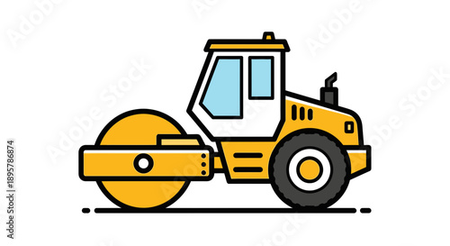 Compact Yellow Steamroller Machine Graphic Illustration For Road Construction Industry