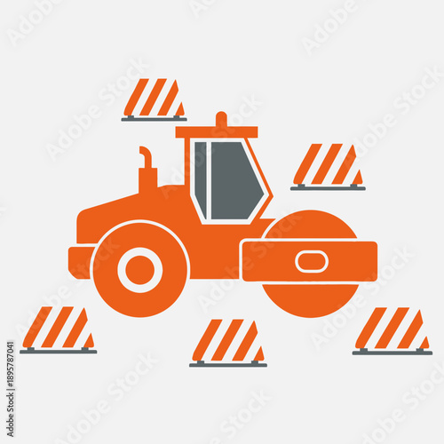 Construction Equipment Roller And Warning Cones Vector Illustration