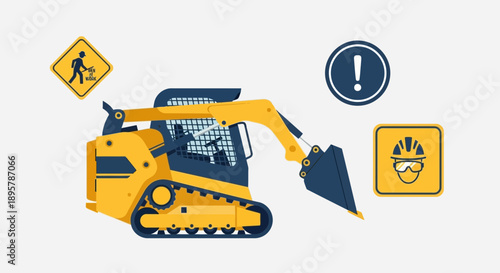 Construction Equipment Skid Steer Loader And Safety Signs Illustration