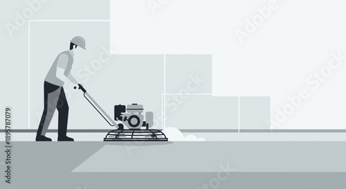 Concrete Polishing Worker With Power Trowel Machine On Construction Site