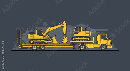 Construction Equipment Transported By Flatbed Truck In Minimalist Style
