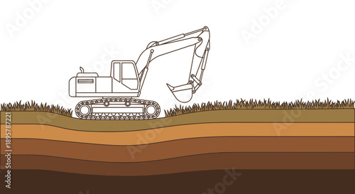 Construction Excavator Digging Earth Layers Cross Section