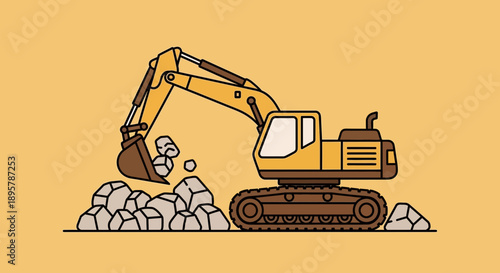 Construction Excavator Digging Rocks Industrial Machinery Style Art