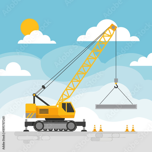 Construction Crane Lifting Heavy Steel Beam Under Sunny Sky With Clouds