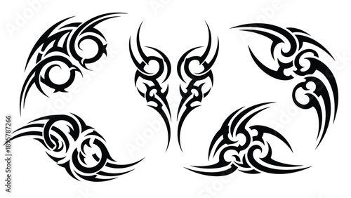 Five diverse black tribal tattoo designs featuring complex interlocking curves and sharp points suitable for body art or graphic design.
