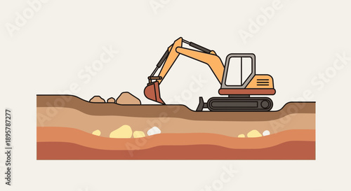 Construction Excavator Digging Into Earth Layers Showing Geological Strata
