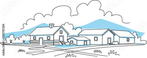 Houses in a rural setting with mountains