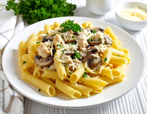 A plate of pasta with mushrooms and herbs on a table