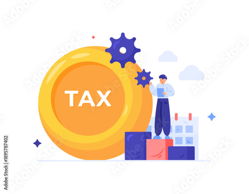 Taxation and financial accounting concept. Illustration of a tax officer with coins to pay taxes. Tax payment schedule. Finance and business. Flat style, metaphor. White background.