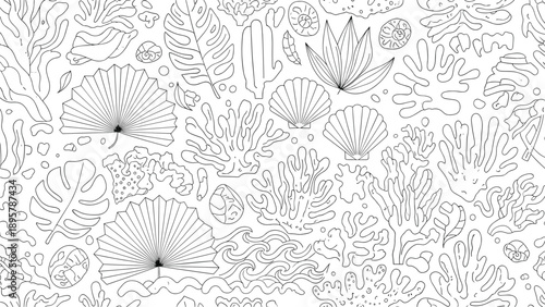 Detailed black and white coloring page style pattern featuring various sea creatures, coral, shells, and tropical leaves on white.