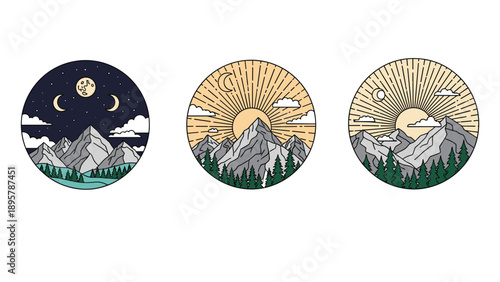 Three circular minimalist mountain landscapes showing day and night scenes with the sun, moon, stars, and dark green pine forest.