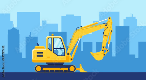 Construction Excavator Machine In Cityscape Vector Art