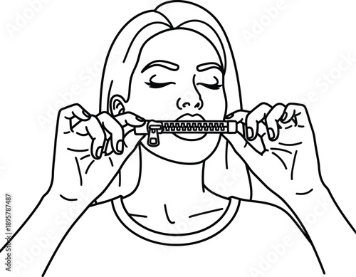 Woman zipping mouth shut with zipper illustration closed