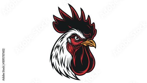 Fierce rooster head mascot or logo design featuring bold red and black colors with a white neck and sharp beak in an illustrative style.