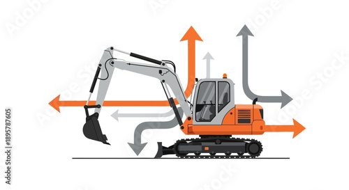 Construction Excavator Machine With Directional Arrows For Planning Work
