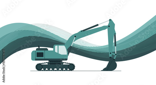 Construction Excavator Machine Working On A Project With Abstract Wave Background