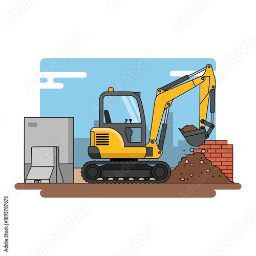Construction Excavator Machine Working On Site Building Project