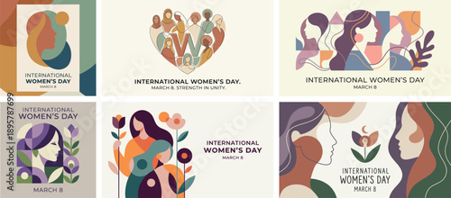 Vector set of diverse women profiles for International Women's Day. Artistic empowerment composition featuring floral motifs and geometric shapes. Banner and poster designs collection