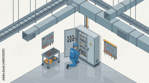 Isometric 3D Industrial Maintenance Illustration of an Electrician Repairing an Electrical Control Panel. Technician Servicing HVAC Systems and Power Distribution with Professional Tools.