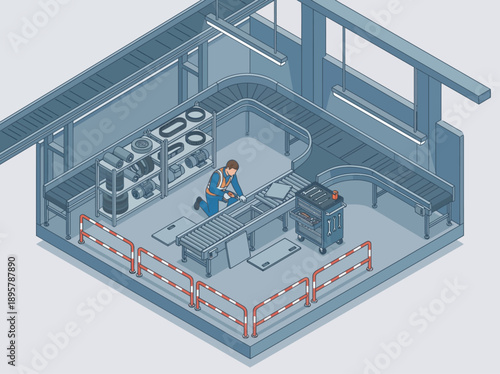 Isometric Factory Maintenance Illustration: Technician Repairing Conveyor Belt System in Industrial Warehouse with Tools and Spare Parts, Automation Service and Manufacturing Concept