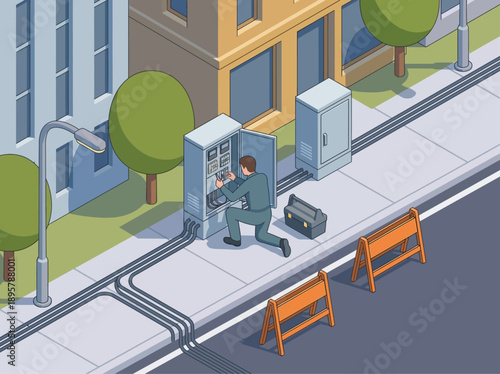 Isometric Electrician Repairing Outdoor Electrical Control Panel on City Sidewalk, Technician Maintaining Urban Power Grid Infrastructure, Professional Service and Utility Maintenance