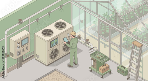 Isometric Greenhouse HVAC Maintenance with Technician Repairing Industrial Cooling System, Smart Agriculture Technology and Facility Management Illustration