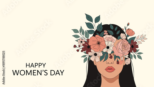 Artistic illustration for Happy Womens Day showing a woman with a large crown of pink and red flowers and leaves.
