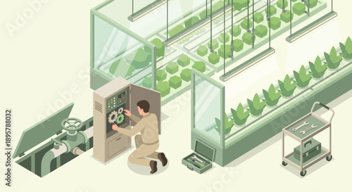 Isometric Technician Repairing Control Panel in Automated Greenhouse, Smart Agriculture Maintenance and Hydroponic Farming Concept Vector Illustration