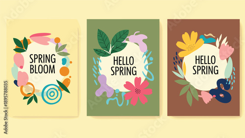 Set of three vertical spring themed posters with abstract floral designs and greeting text in various bright colors.