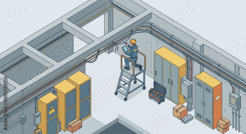 Isometric Electrician Technician Performing Electrical Maintenance and Wiring Repair in Industrial Utility Room with Digital Tablet for Facility Management