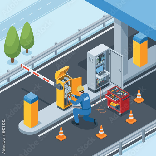 Isometric Technician Repairing Automatic Parking Barrier Gate at Entrance with Tool Cart and Laptop for Smart City Infrastructure Maintenance, Blue and Yellow Technical Service Support