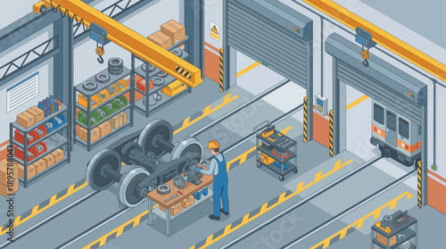 Isometric Railway Maintenance Workshop with Technician Repairing Train Wheelset Axle, Industrial Heavy Machinery Service and Transport Engineering Illustration