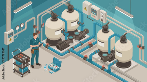 Isometric Industrial Maintenance Illustration of Technician Inspecting Water Filtration System and Pipes in Utility Room with Tablet for Facility Management and Repair Services