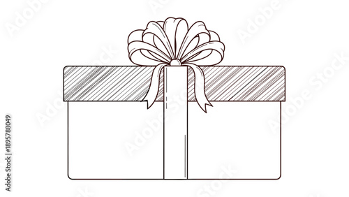 Minimalist line art illustration of a wrapped gift box with a large ribbon bow on top in a sketch style design.