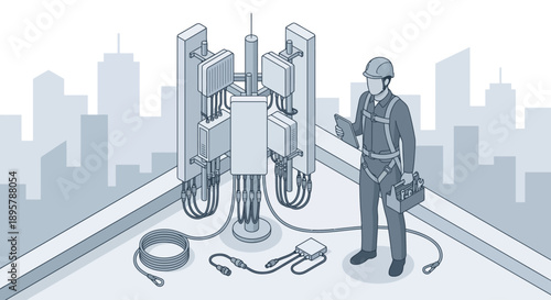 Isometric 5G Telecommunications Tower Maintenance with Technician. Network Engineer Inspecting Cell Site Base Station on Urban Rooftop. Blue Line Art Vector for Connectivity and Infrastructure.