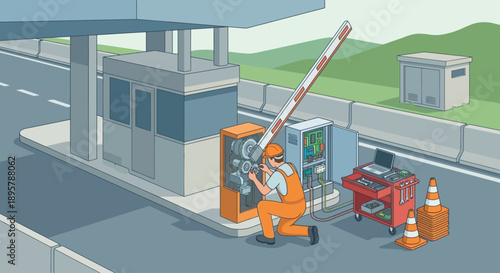 Isometric Vector Illustration of a Technician Repairing an Automated Toll Booth Barrier Gate on a Highway, Infrastructure Maintenance and Electrical Service Concept