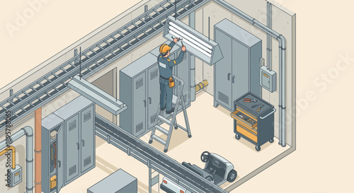 Isometric Illustration of Electrician Repairing Overhead Light Fixture in Industrial Utility Room, Facility Maintenance Worker on Ladder Fixing Lamp in Warehouse Factory Electrical Room