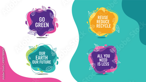 Set of four circular eco friendly labels featuring slogans like go green and all you need is less with leaves.