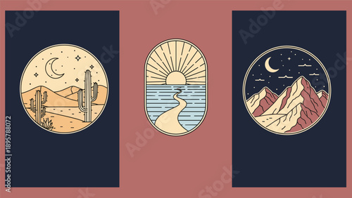 Set of three retro badge illustrations featuring desert landscape seaside path and mountain range at night scene.